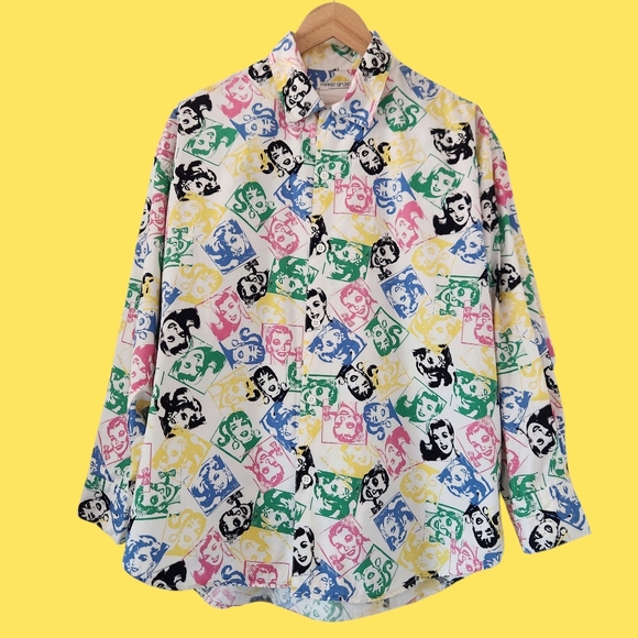 80's ESPRIT SPORT Vintage Pop Art Warhol Style Print Button Fown Long Sleeve MED - Picture 1 of 15